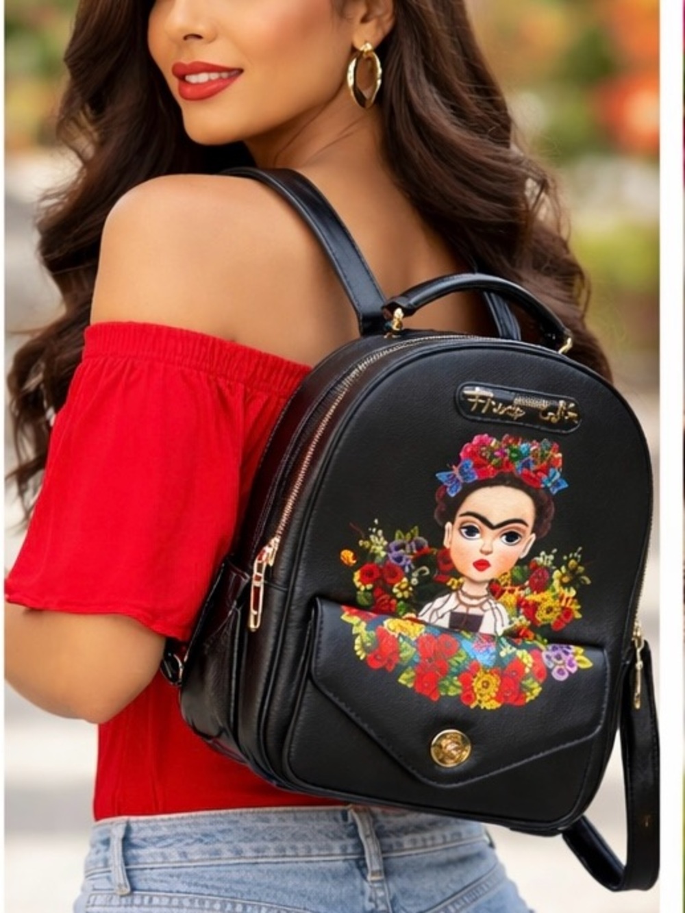 -Inspired Black Floral Mini Backpack